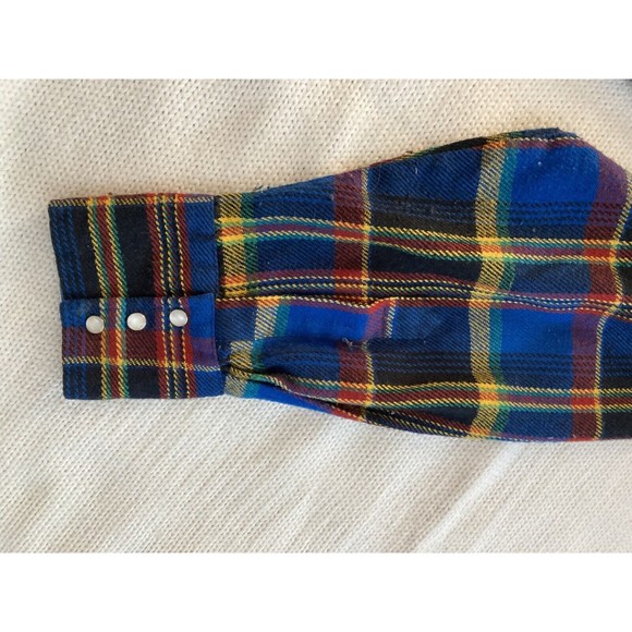 Vintage William's Bay Men's Flannel Shirt Blue Yellow, Red, Pearl Snap Large - Picture 13 of 15